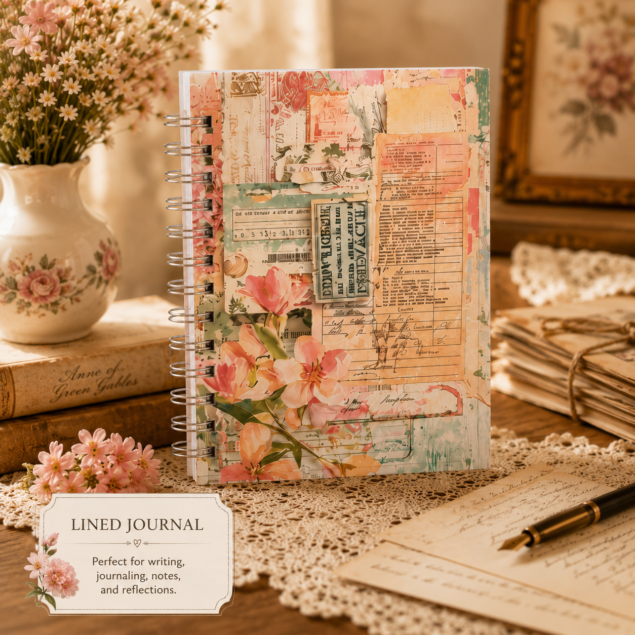 Vintage Floral Collage Lined Journal, 5x8 Spiral