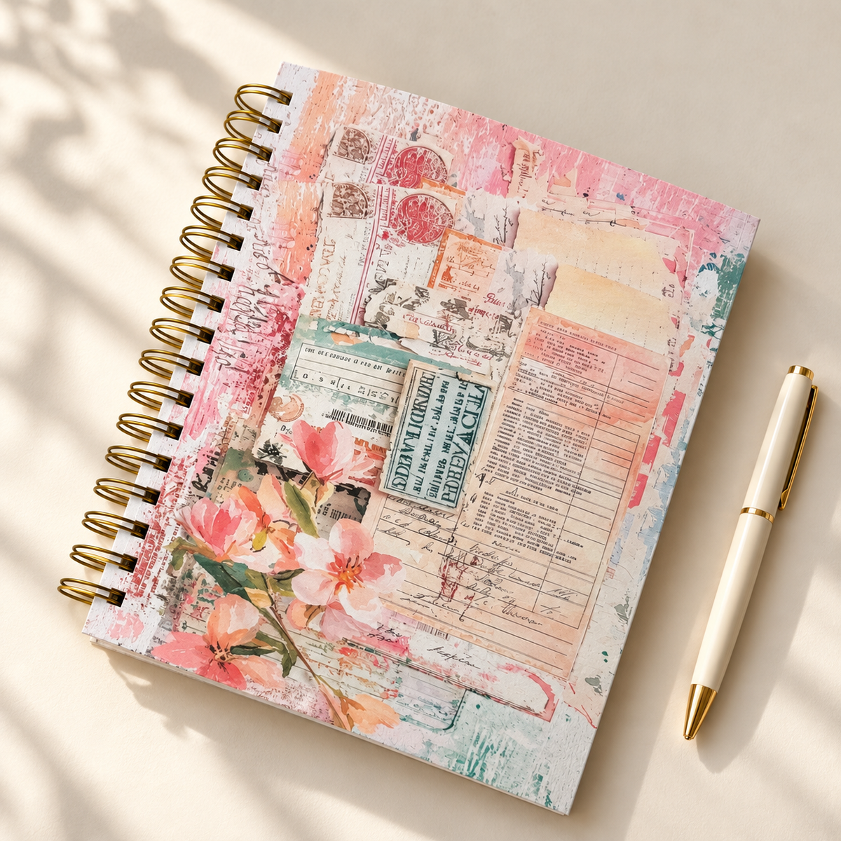 Cover with pen: Pink floral collage spiral journal with vintage ticket details, displayed beside a cream and gold pen.