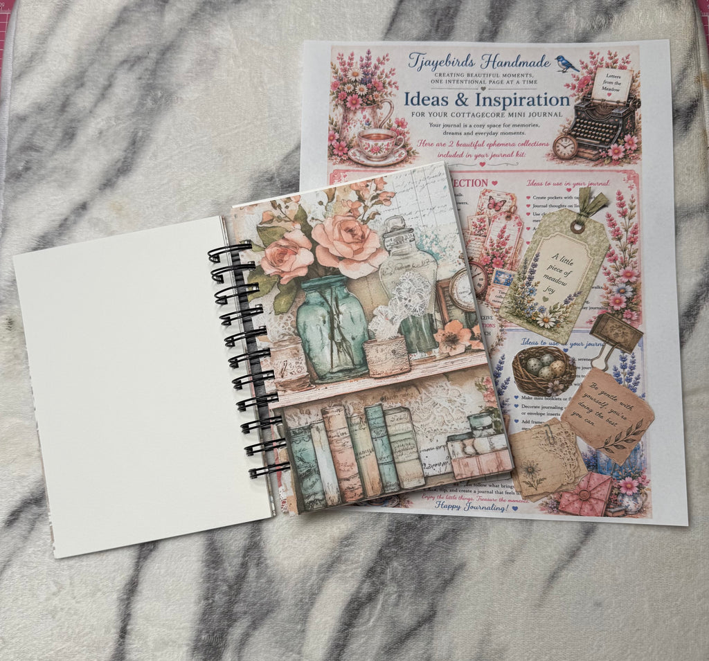 Open journal with tags and guide: “Open cottagecore mini junk journal with floral pockets, decorative tags, and an inspiration sheet.”