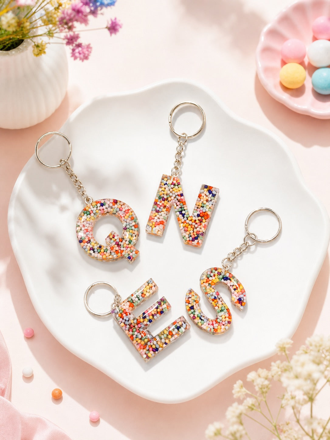 sprinkle alphabet resin keychain
