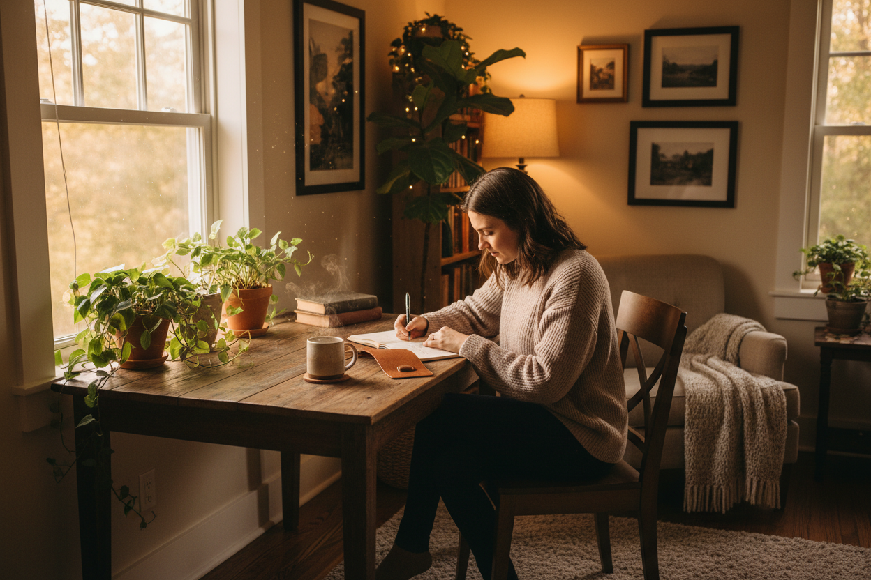 Person journaling in a cozy room