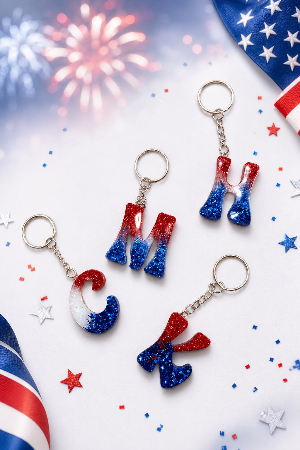 red white and blue alphabet keychain